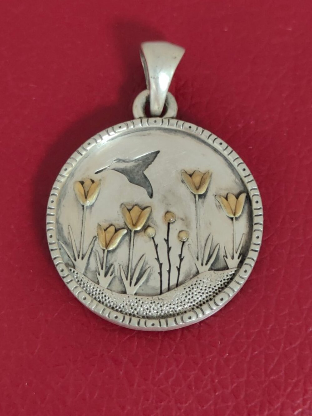 Hummingbird & Tulip Flowers Round Pendant Necklace Charm Sterling Silver Vintage